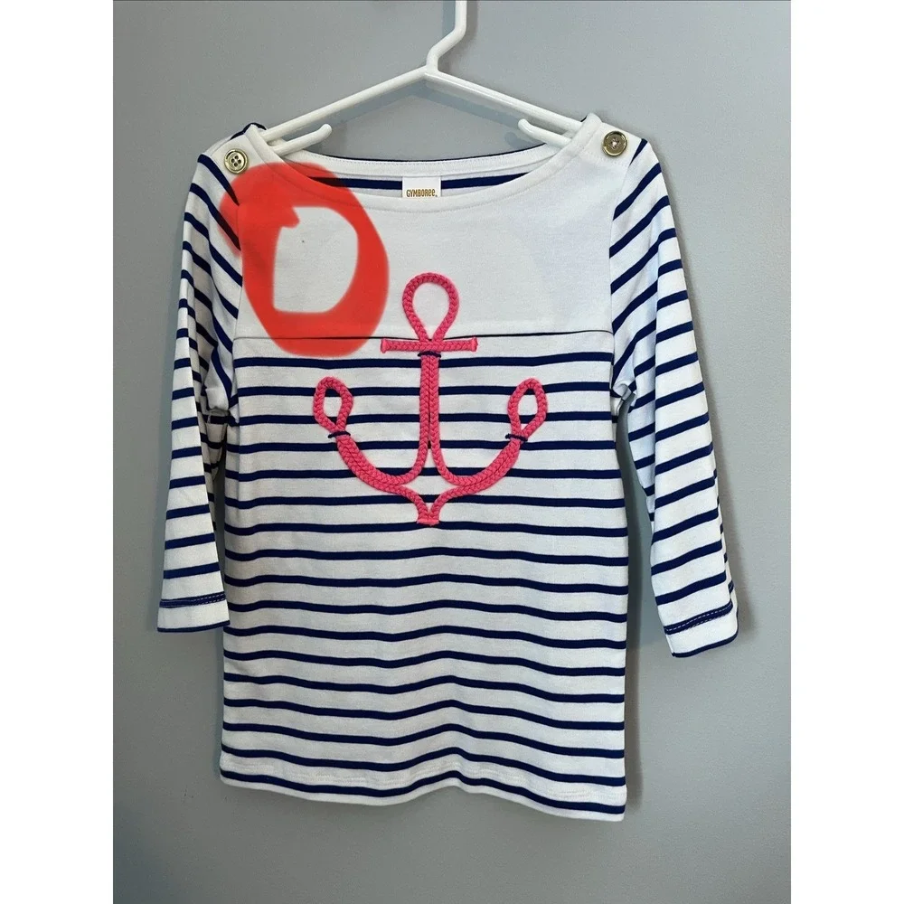 GYMBOREE Girl Size 6 3 Piece Top Skirt and Hat Set White Pink Blue Nautical Anch